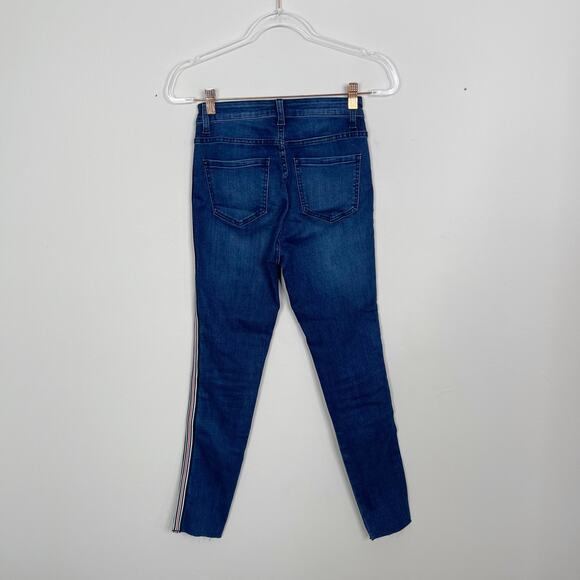 Forever 21 Side Stripe High Rise Skinny Jeans Size 26 Blue Red Black Stripe - Picture 2 of 11